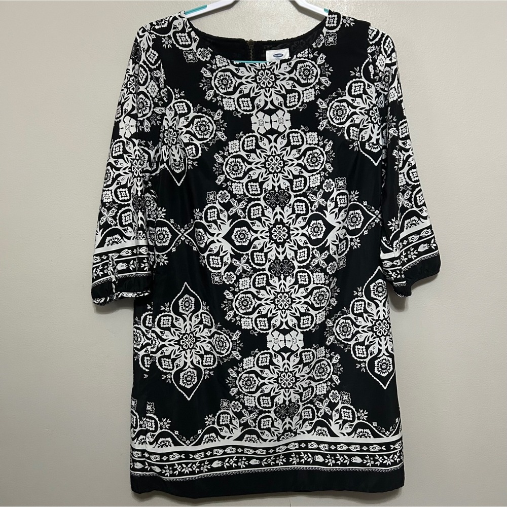 Old Navy Dress M Black White Damask Geometric Back Zip Midi Boho Monochrome Chic